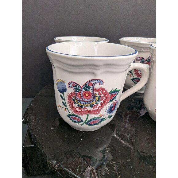 Tienshan Stoneware 2 Sided Floral Cup w/Blue Rim 8 Oz Replacement Lot of 4 - Picture 2 of 8